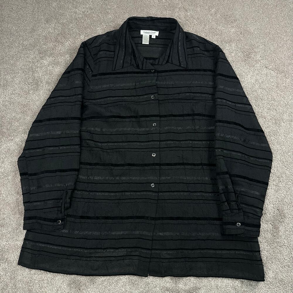 Coldwater Creek Textured Stripe Blouse Size 2X Black Sheer Button Up